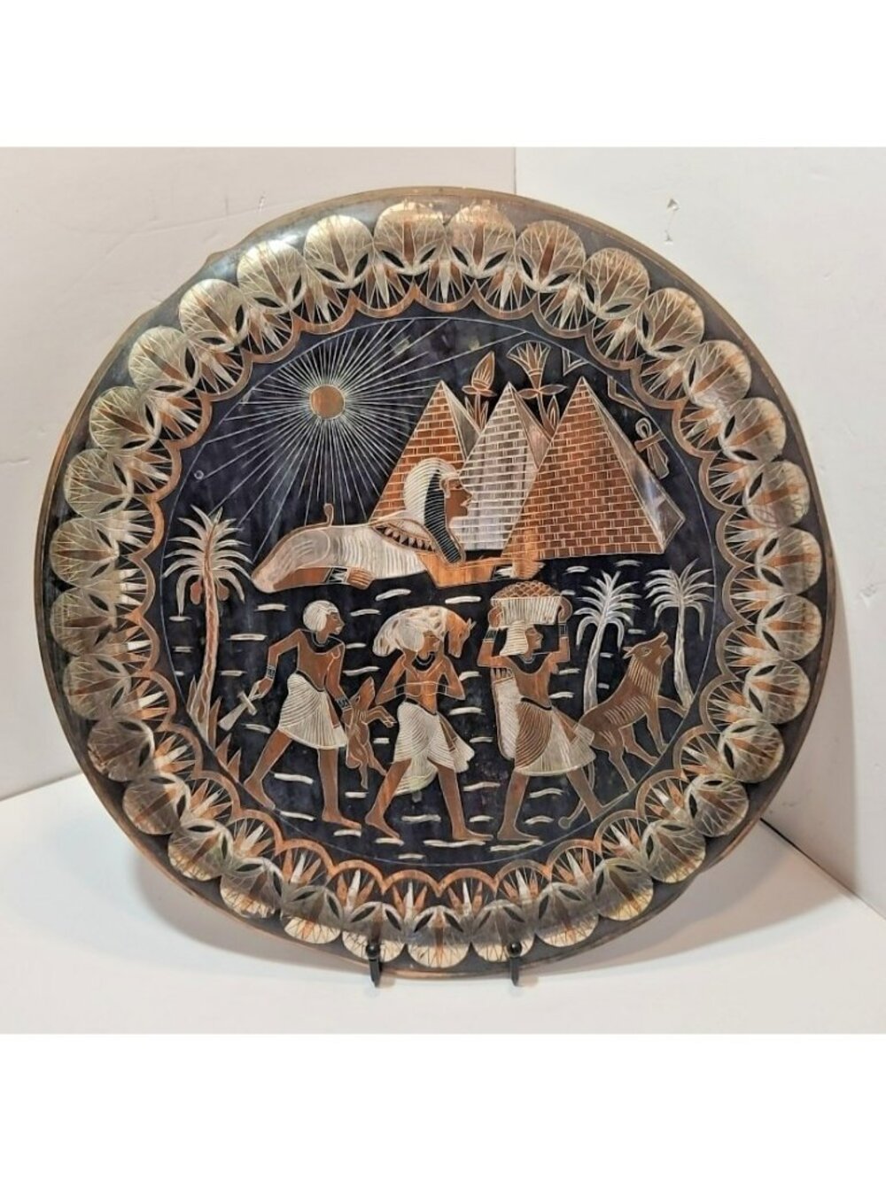 Vintage Large Brass Copper Egyptian Plate Wall Decoration 15.5" Pyramids Sphinx